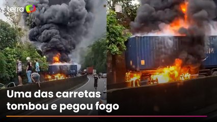 Acidente entre caminhões com explosão deixa dois mortos na Via Anchieta, em Cubatão