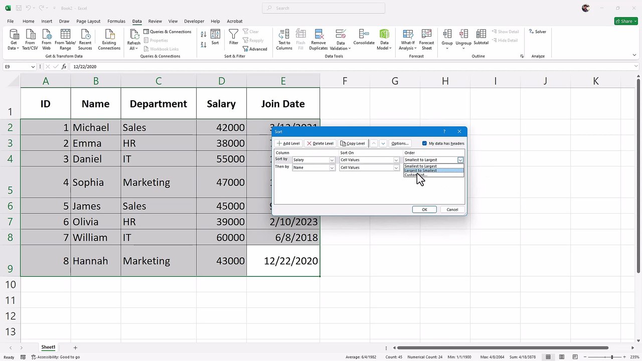 Microsoft Excel 64 Sorting Data