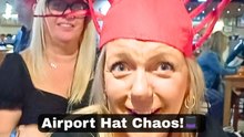 Friends' group begins their holiday with a comical hat swap at Manchester Airport