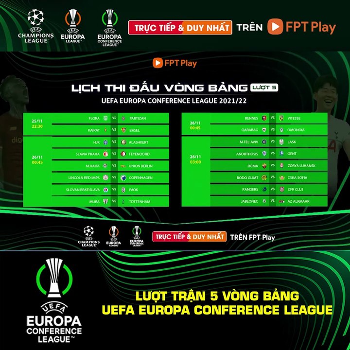 LƯỢT TRẬN THỨ 5 VÒNG BẢNG UEFA EUROPA CONFERENCE LEAGUE 2021/22 | Trailer trên Truyền Hình FPT Play
