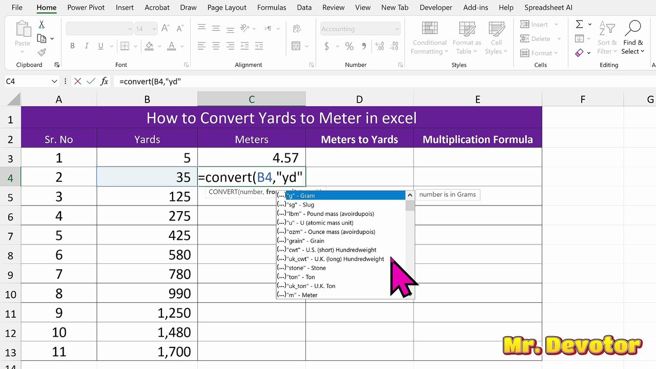 How to Convert Yards to Meter in excel
