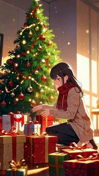 A cheerful girl places glowing gifts under a sparkling Christmas tree, her face bright with holiday happiness as warm lights fill the cozy room.