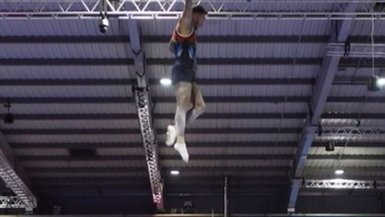 Athlete meets a fall during a semi-final routine at the British Trampoline Championships 2025