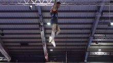 Athlete meets a fall during a semi-final routine at the British Trampoline Championships 2025