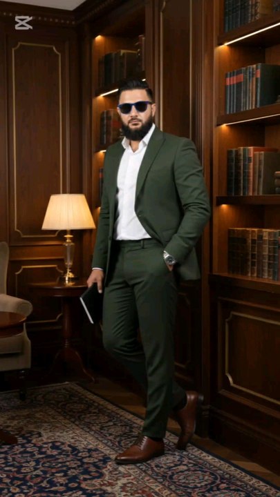 "Boss mode activated 🔥! Stylin' in a slick olive green suit 💚, crisp white shirt 👕🥿🕰️, and a sleek black notebook 📚. Slayin' the pose 💁‍♂️ 🎨. #MensFashion #SuitUp #StyleGoals #OliveGreen #BusinessCasual #PakistaniStyle"