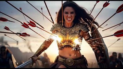 Amazon queen charges at enemies under the rain of arrows (Queen of Iron and Flame).