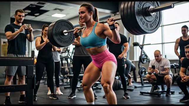 Full and half squats by female bodybuilders.