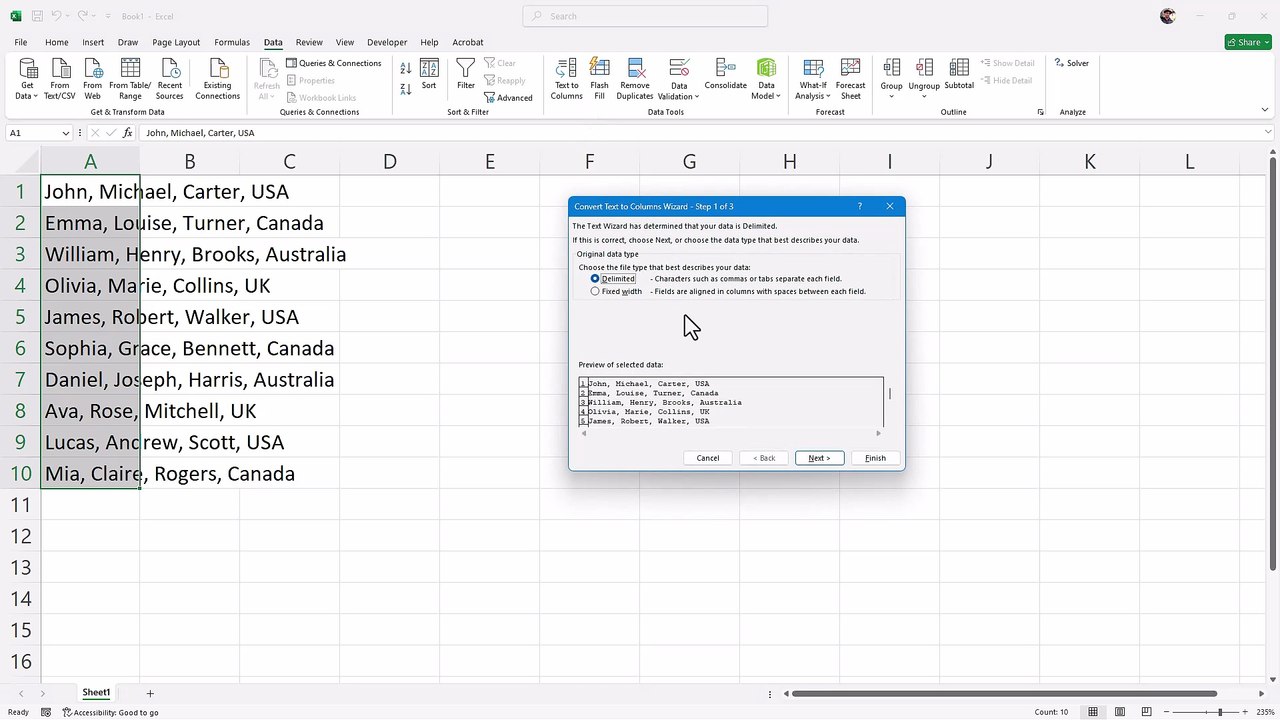 Microsoft Excel 67 Splitting Data into Columns