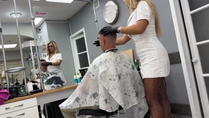 Gorgeous Female Barber -Black pantyhose & high heels