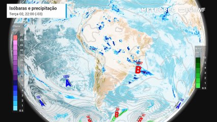 Terça-feira, 2 de dezembro: Precipitação, nebulosidade e pressão a nível médio do mar previstos para os próximos dias.