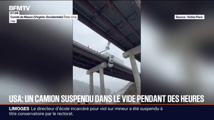 États-Unis: un poids lourd suspendu dans le vide au-dessus d'un pont après un dérapage dû à la neige