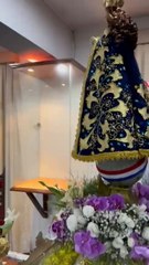 Orquídeas blancas y lilas, rosas blancas y gipsófilas en el pedestal y el anda de la imagen de la Virgen