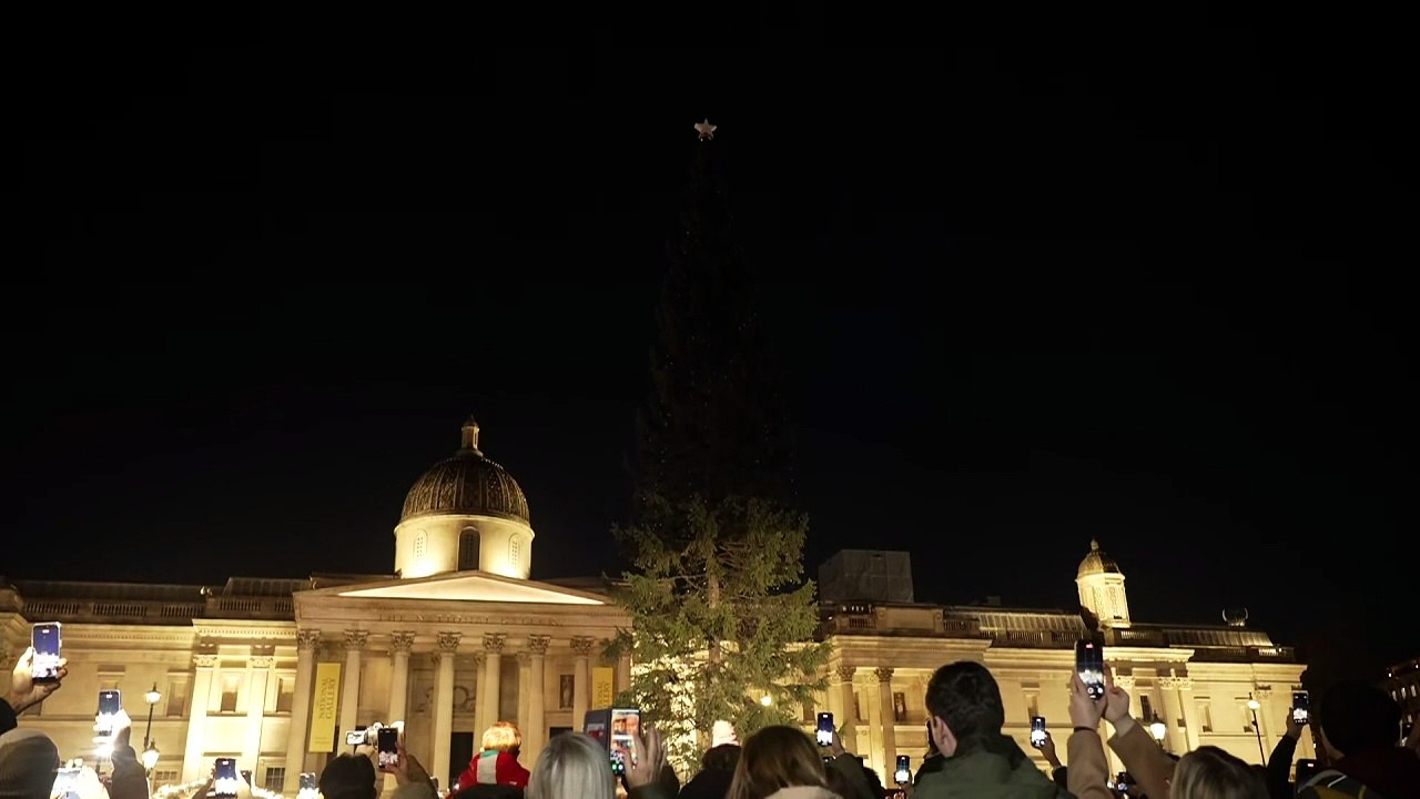 Trafalgar Square Christmas tree lights switched on
