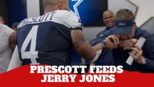 Dak Prescott kicks off the Thanksgiving turkey feast with Cowboys owner Jerry Jones.