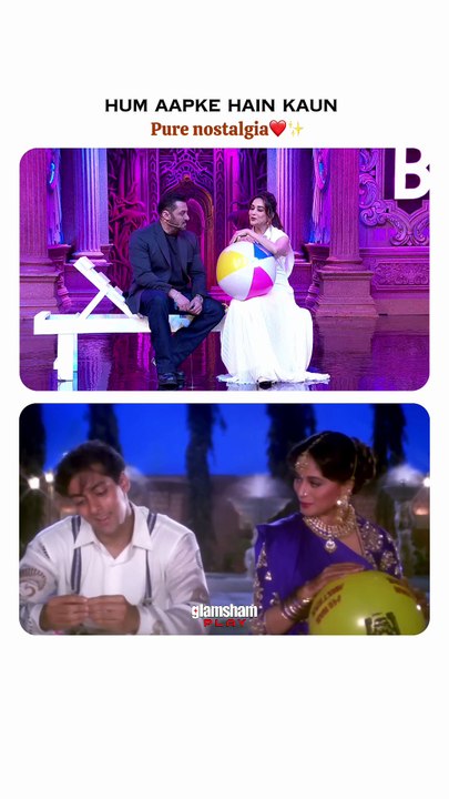 Watching Salman Khan and Madhuri Dixit recreate that iconic moment feels like stepping right back into a ’90s dream✨  #glamsham #salmankhan #madhuridixit #humaapkehainkaun #purenostalgia   {glamsham, salman khan, madhuri dixit, hum aapke hain kaun, pure n