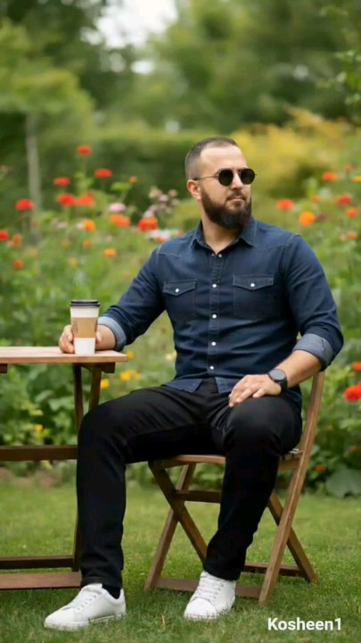 Denim shirt, shades, and coffee break among the flowers. 🌸 Enjoying a peaceful moment outdoors.Garden coffee aesthetic. 🕶️ Casual style in a colorful setting. 🌼#Gardenvibe #coffee aesthetic. 🕶️ #casualstyle #music