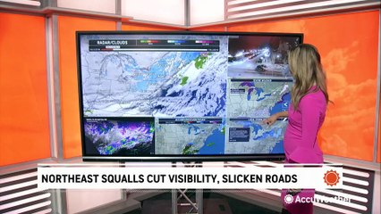 Snow squalls cut visibility and slicken roads in the Northeast