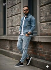 "Street‑smart swagger 🔥. Denim jacket 💙 over a crisp white tee 👕, ripped light‑blue jeans , black sneakers 👟 & classic shades 🕶️ – the ultimate urban vibe. #StreetStyle #DenimLook #CityChic #OOTD #MensFashion"