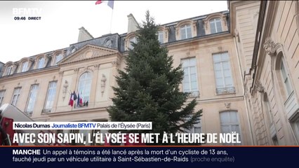 Un sapin de Noël installé ce matin dans la cour d'honneur de l'Élysée