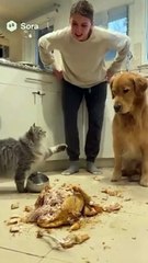 Cat Yells at Owner and Blames Dog After Chicken Heist  Chaos in the kitchen! The owner screams, the cat screams back, and the dog just looks guilty beside the stolen chicken.