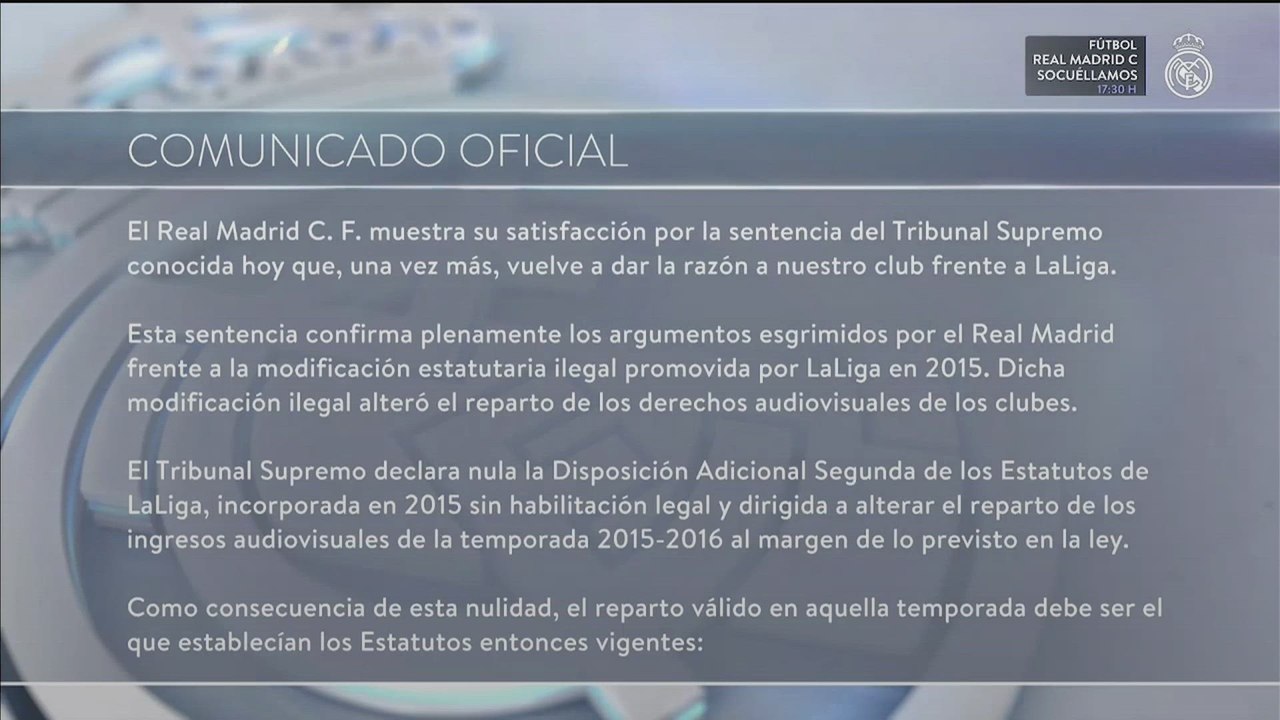 Comunicado del Real Madrid tras la sentencia del Tribunal Supremo sobre la comercialización centralizada de los derechos audiovisuales