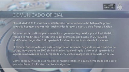 Comunicado del Real Madrid tras la sentencia del Tribunal Supremo sobre la comercialización centralizada de los derechos audiovisuales
