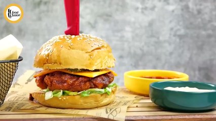 Restaurant Style Dragon Chicken Burger Recipe by Food Fusion