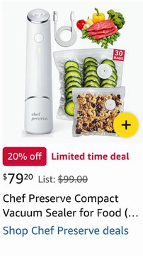 New .Chef Preserve Compact Vacuum Sealer for Food (Vacuum Sealer Machine + 30 Reusable Vacuum Bags) Powerful