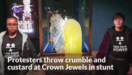 Protesters throw crumble and custard at Crown Jewels in Tower of London stunt