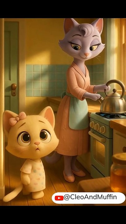 Kitten burns paws copying mom at hot kettle