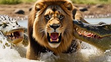 Double River Ambush – Lion vs Two Crocodiles