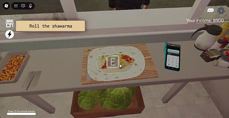 Scary Shawarma Kiosk gameplay showing the roll the shawarma instruction at the counter
