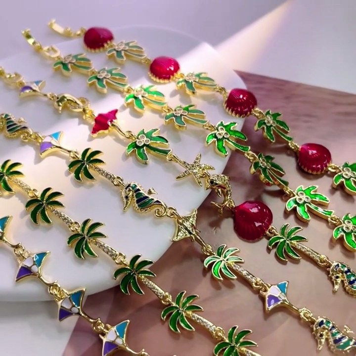 🔗Click & Buy: https://s.click.aliexpress.com/e/_c42jt7gD     Top On Sale Product Recommendations! HECHENG, Green Enamel Drip Glaze Retro Bracelet with Palm Tree and Coconut Tree Pattern Pendant Chain Sweet and Cute Accessory