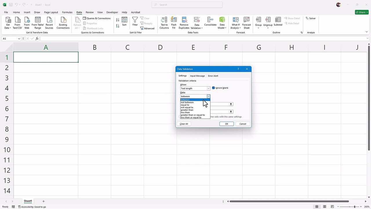 Microsoft Excel 73 Text Length Data Validation