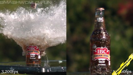 Glass soda bottle bullet impact slow motion