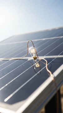 A close-up cinematic shot of a small glowing bulb running directly on a solar panel. The solar panel is placed outdoors in sunlight, and as sunlight hits the panel, the tiny bulb turns on and shines softly. Show clear wiring