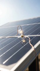 A close-up cinematic shot of a small glowing bulb running directly on a solar panel. The solar panel is placed outdoors in sunlight, and as sunlight hits the panel, the tiny bulb turns on and shines softly. Show clear wiring