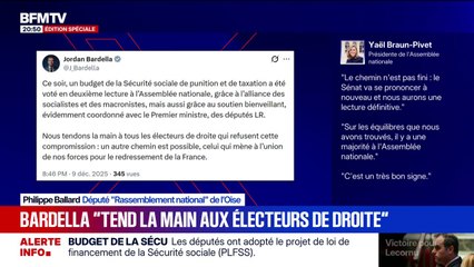Budget de la Sécu adopté: sur X, Jordan Bardella déclare qu'il "tend la main aux électeurs de droite"