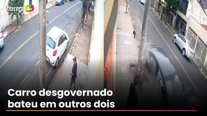 Carro perde controle, bate em poste e pedestre escapa por pouco no interior de SP