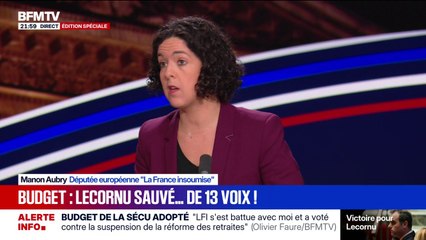 Budget de la Sécu adopté: pour Manon Aubry, députée européenne (LFI), "ce que fait Olivier Faure (PS), c'est masquer le fait qu'il rejoigne la coalition gouvernementale"