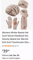 New .Womens Winter Beanie Hat Scarf Gloves Headband Set, Slouchy Beanie Ear Warmer Knit Scarf