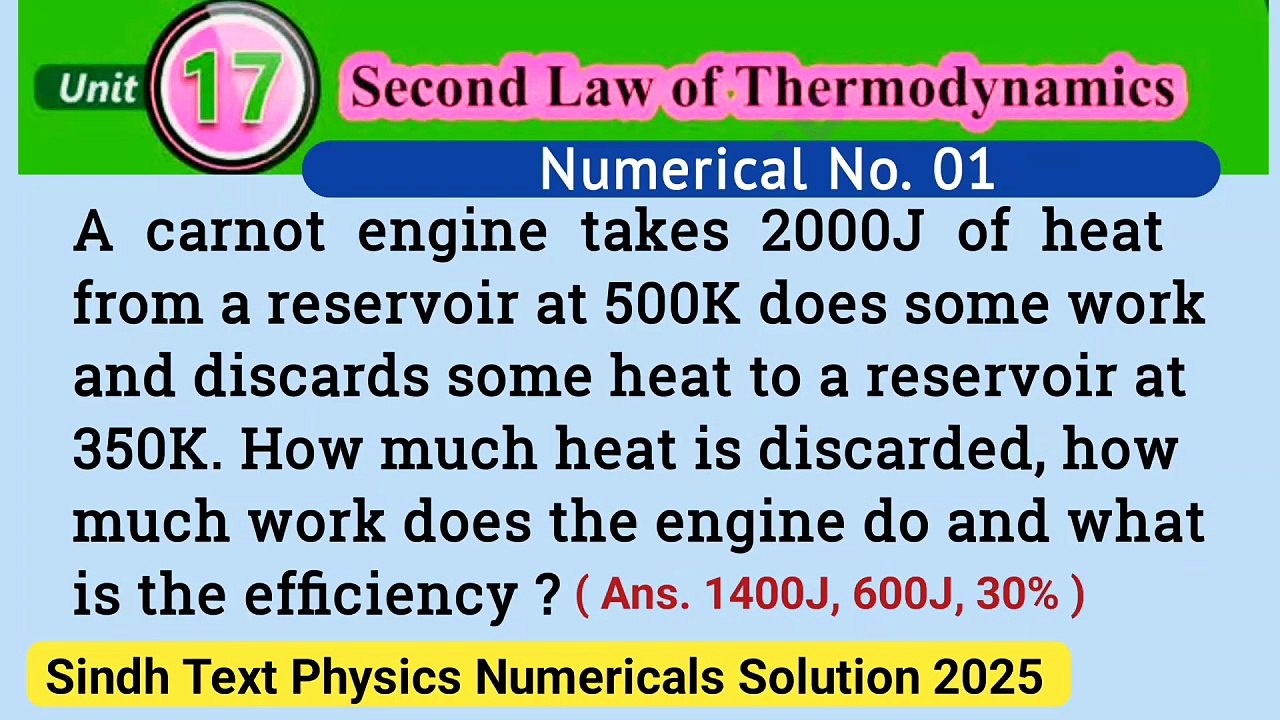 A carnot engine takes 2000J of heat from a reservoir at 500K does some work and discards some heat to a reservoir at 350K.How much heat is discarded,how much work does the engine do and what is the efficiency ? Physics class 12 numericals