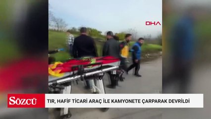 TIR, hafif ticari araç ile kamyonete çarparak devrildi; 1'i ağır, 4 yaralı