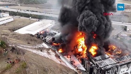 Kırıkkale'de yanan fabrikadaki söndürme çalışmaları havadan görüntülendi