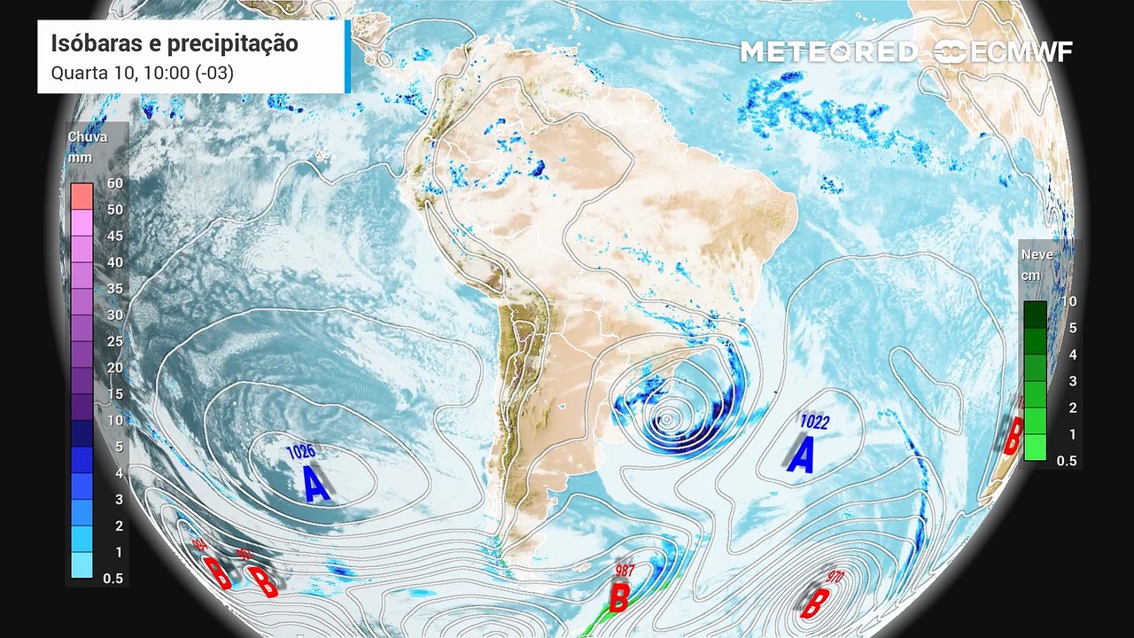 Quarta-feira, 10 de dezembro: Previsão de nebulosidade, chuva e pressão a nível médio do mar entre a quarta (10) e sexta-feira (12).
