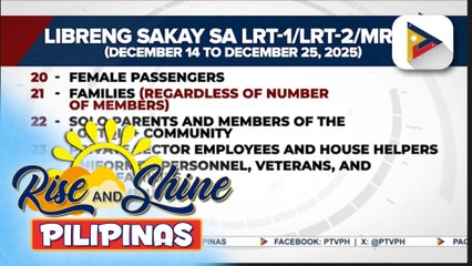 LRT-1, LRT-2, at MRT-3, may libreng sakay para sa iba’t ibang sektor simula Dec. 14 hanggang Dec. 25