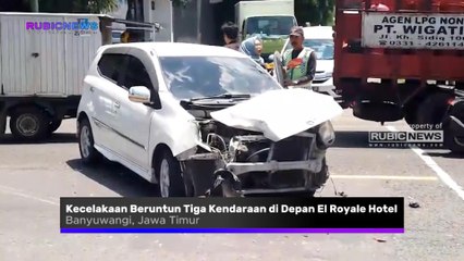 Hendak Menyeberang Jalan Truk Toyota Dina Tabrak Agya Hingga Menyasar Sepeda Motor Vespa di Depan El Royale Hotel Banyuwangi, Ini Kronologinya