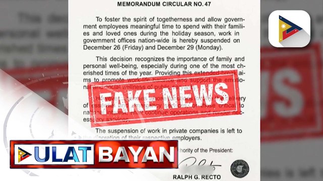 ES Recto: Memorandum Circular na nagsasabing suspendido ang pasok sa mga tanggapan ng gobyerno sa bansa sa Dec. 26 at 29, peke