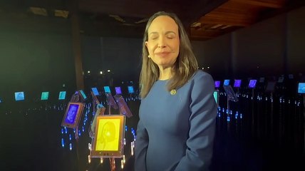 María Corina Machado durante la inauguración de una exposición sobre su premio Nobel de la Paz en Oslo
