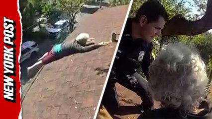 Elderly Florida man rescued by cops after slipping while blowing leaves off roof